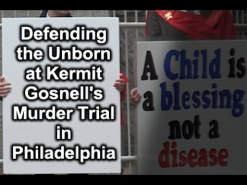 On Monday, April 28, 2013, six TFP Student Action members travelled to downtown Philadelphia to campaign against abortion. The atmosphere was highly charged as the young men formed outside the Center for Criminal Justice, where final arguments in the murder trial of abortionist Kermit Gosnell were taking place.  He is being charged with eights counts of murder.

http://www.tfpstudentaction.org/what-we-do/news-and-updates/defending-the-unborn-at-kermit-gosnells-murder-trial-in-philadelphia.html