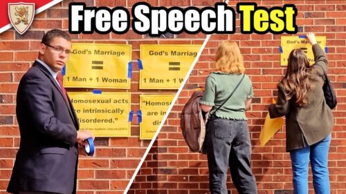 When did free speech die at Georgetown?

Although the official date free speech died is yet to be determined by forensic experts and a competent coroner, TFP Student Action volunteers verified that the freedom to repeat basic Catholic teaching is no longer alive at the oldest Catholic university in the nation.

“I witnessed the death of free speech after I posted two signs on the free speech wall at Georgetown,” lamented TFP volunteer Jon Paul Fabrizio. “One of my signs stated: ‘God’s marriage = 1 man + one woman.’  The other sign quoted the Catechism of the Catholic Church:  ‘Homosexual acts are intrinsically disordered.’”

Both signs were ripped down seconds after they had been put up.

“Acceptance and inclusion are promoted everywhere,” said Mr. Fabrizio.  “But at Jesuit Georgetown, the truth is not included, not welcomed, and not accepted.  I can only imagine what would happen if a rainbow flag was ripped down.  But pride flags are celebrated on campus, and basic Catholic teaching is censored.”

True freedom thrives in a framework of virtue.  However, when virtue is mocked, and God’s Ten Commandments are scorned, the upright exercise of freedom is jeopardized.  Dismissing the truth creates conditions for relativism and secularism to thrive, which eventually leads to a dictatorship of disorder and sin.

Last month, Georgetown University Lecture Fund hosted leaders of the Satanic Temple, Lucien Greaves and Malcolm Jarry, to speak on campus.  Somehow, the satanic speakers fit the objective of the Lecture Fund to “enlighten” and “educate” students. 

“While God’s truth is scorned at Georgetown, the door for evil appears to be wide open,” Mr. Fabrizio said. “The best way to turn things around is to heed Our Lady of Fatima’s message of conversion.  Doing what Our Lady asked – prayer, penance, and amendment of life – is the way to restore Catholic higher learning and the moral fabric of our nation.”

With renewed fidelity, TFP Student Action invites faithful Catholics to face the present crisis by trusting in God’s grace, embracing the Cross, and proclaiming the truth. 

As St. Paul instructed, “Preach the word: be instant in season, out of season: reprove, entreat, rebuke in all patience and doctrine. For there shall be a time, when they will not endure sound doctrine; but, according to their own desires, they will heap to themselves teachers, having itching ears:  And will indeed turn away their hearing from the truth, but will be turned unto fables (2 Tim 2:2-4).

What do you think?  

#georgetownuniversity #hoyas #tfpstudentaction

Site:  https://www.tfpstudentaction.org/
Instagram: https://www.instagram.com/tfpstudentaction/
Facebook: https://www.facebook.com/TFPStudentAction
Twitter: https://twitter.com/tfpsa