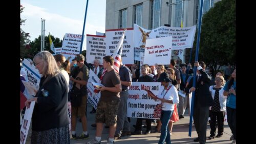 Hundreds defended Jesus and Mary against the satanic Black Mass and the public sacrilege perpetrated against the Virgin Mary at the Civic Center in Oklahoma City on August, 15, 2016, Feast of the Assumption.