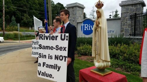 Please sign your protest to Rivier University here:
https://www.tfpstudentaction.org/petitions/rivier-university-scandal

Dozens of faithful Catholics rallied for true marriage on Sept. 8, 2018, after Rivier University, a Catholic institution in New Hampshire founded by the Sisters of the Presentation of Mary, published a "wedding" photo of two women kissing in the pages of its magazine, Rivier Today.

Join the peaceful protest now and urge the university to:

Restore respect for God.  God's marriage is only between one man and one woman.  Homosexual unions are unnatural and 100% sterile and deprive children of their biological mothers or fathers.

Affirm moral values.  Morality is the keystone of the family and society.  If our Catholic universities no longer teach the truth -- in word and deed -- where will the next generation go to learn the truth?

Stop confusing students.  By publishing a photo of two women kissing on the wedding page of its magazine, Rivier University legitimizes sin, undermines Holy Matrimony, and causes scandal and confusion.
Attributions:
1. Endless Story About Sun and Moon by Kai Engel is licensed under a Attribution-NonCommercial License (https://creativecommons.org/licenses/by-nc/4.0/).
Source: http://freemusicarchive.org/music/Kai_Engel/Idea/Kai_Engel_-_Idea_-_02_Endless_Story_About_Sun_and_Moon
Artist: http://freemusicarchive.org/music/Kai_Engel/

2. Great Egret by Chad Crouch is licensed under a Attribution-NonCommercial 3.0 International License (https://creativecommons.org/licenses/by-nc/3.0/).
Based on a work at http://www.soundofpicture.com/
Permissions beyond the scope of this license may be available at http://www.soundofpicture.com/.
Source: http://freemusicarchive.org/music/Chad_Crouch/Birds_of_Oaks_Bottom_Piano_Solos/Great_Egret
Artist: http://www.soundofpicture.com/